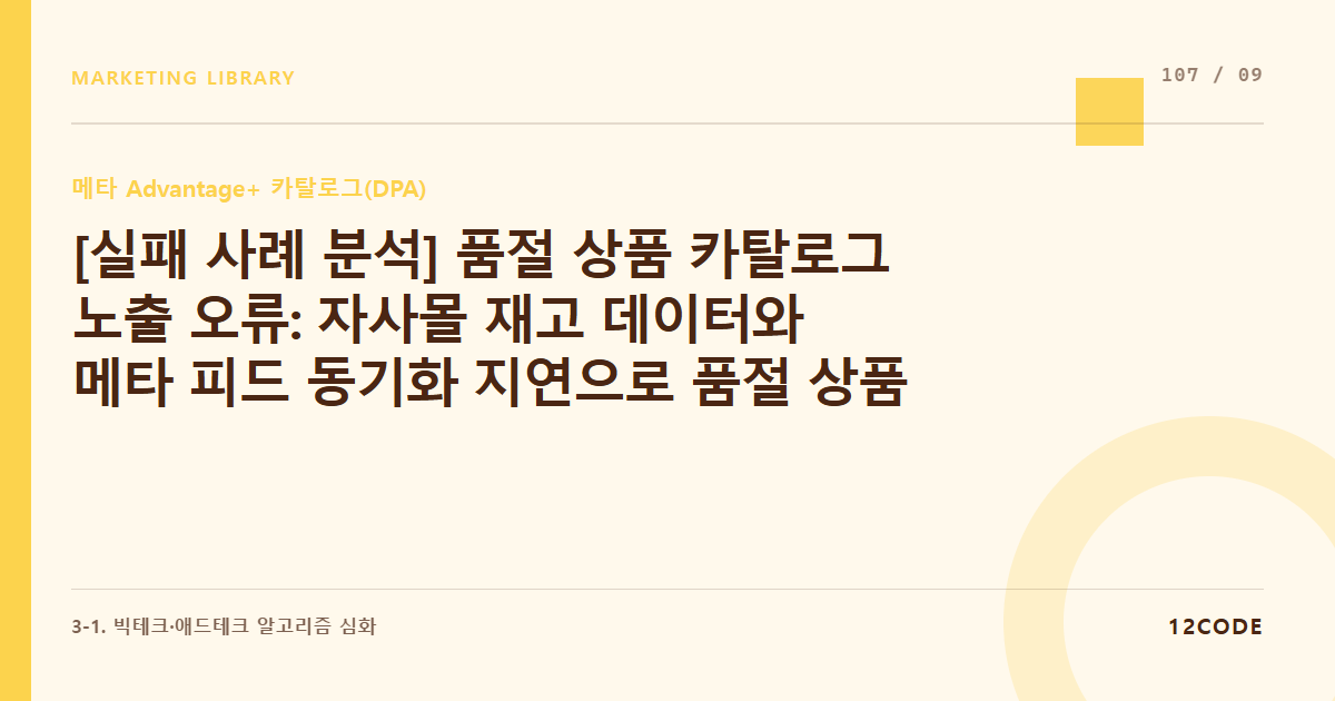 12code 라이브러리 아티클 표지. [실패 사례 분석] 품절 상품 카탈로그 노출 오류: 자사몰 재고 데이터와 메타 피드 동기화 지연으로 품절 상품 광고가 지속 집행되어 CS 폭발한 사례 방어