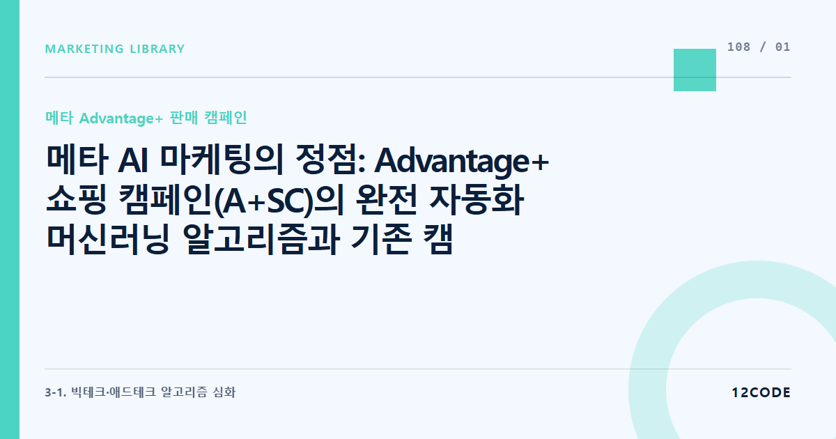 12code 라이브러리 아티클 표지. 메타 AI 마케팅의 정점: Advantage+ 쇼핑 캠페인(A+SC)의 완전 자동화 머신러닝 알고리즘과 기존 캠페인 구조의 혁신적 차이