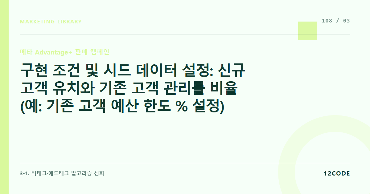 12code 라이브러리 아티클 표지. 구현 조건 및 시드 데이터 설정: 신규 고객 유치와 기존 고객 관리를 비율(예: 기존 고객 예산 한도 % 설정)로 대시보드 통제하는 법