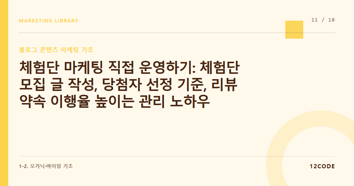 12code 라이브러리 아티클 표지. 체험단 마케팅 직접 운영하기: 체험단 모집 글 작성, 당첨자 선정 기준, 리뷰 약속 이행율 높이는 관리 노하우