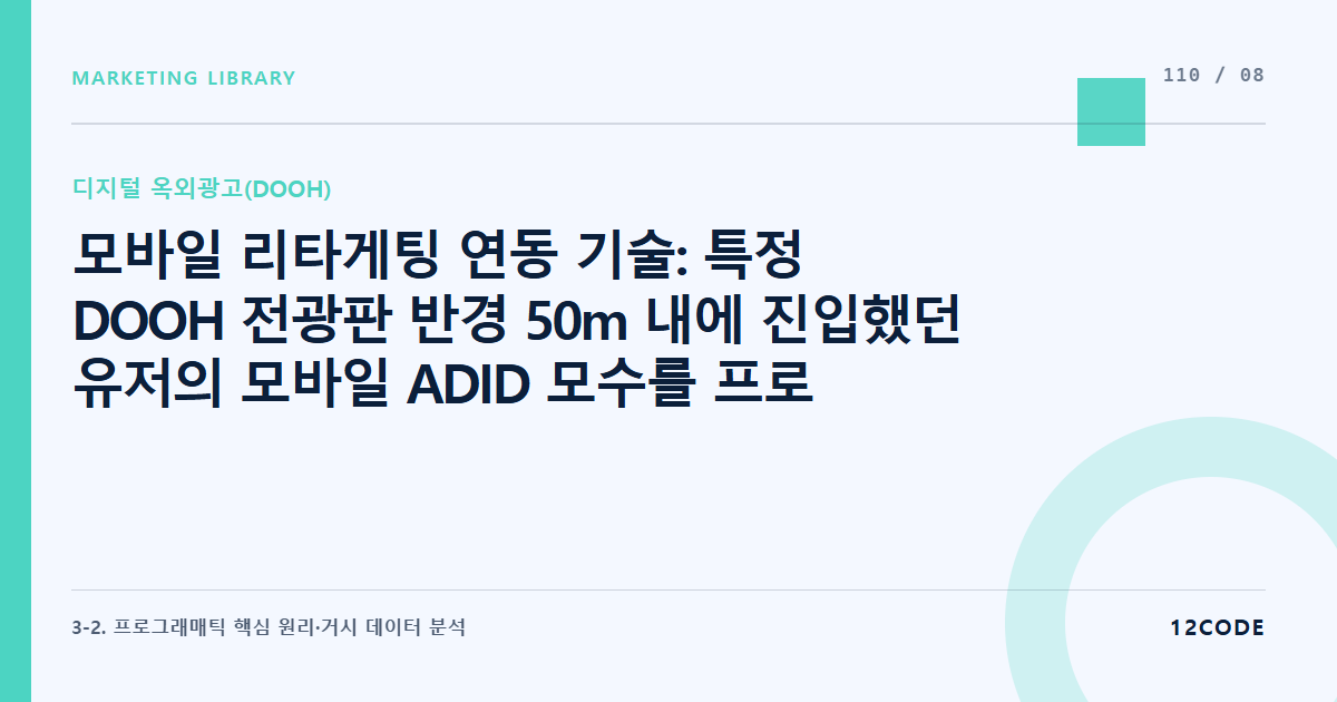 12code 라이브러리 아티클 표지. 모바일 리타게팅 연동 기술: 특정 DOOH 전광판 반경 50m 내에 진입했던 유저의 모바일 ADID 모수를 프로그래매틱 DMP로 받아 모바일 배너 광고 연계하기