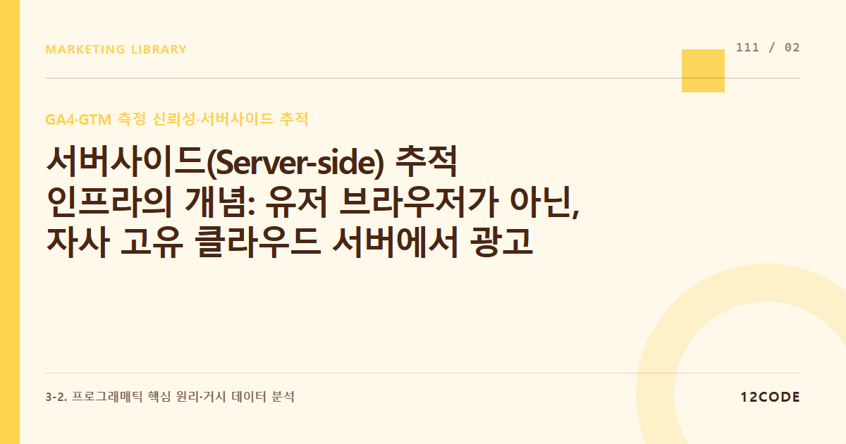 12code 라이브러리 아티클 표지. 서버사이드(Server-side) 추적 인프라의 개념: 유저 브라우저가 아닌, 자사 고유 클라우드 서버에서 광고 매체 서버로 직접 데이터를 통신하는 원리
