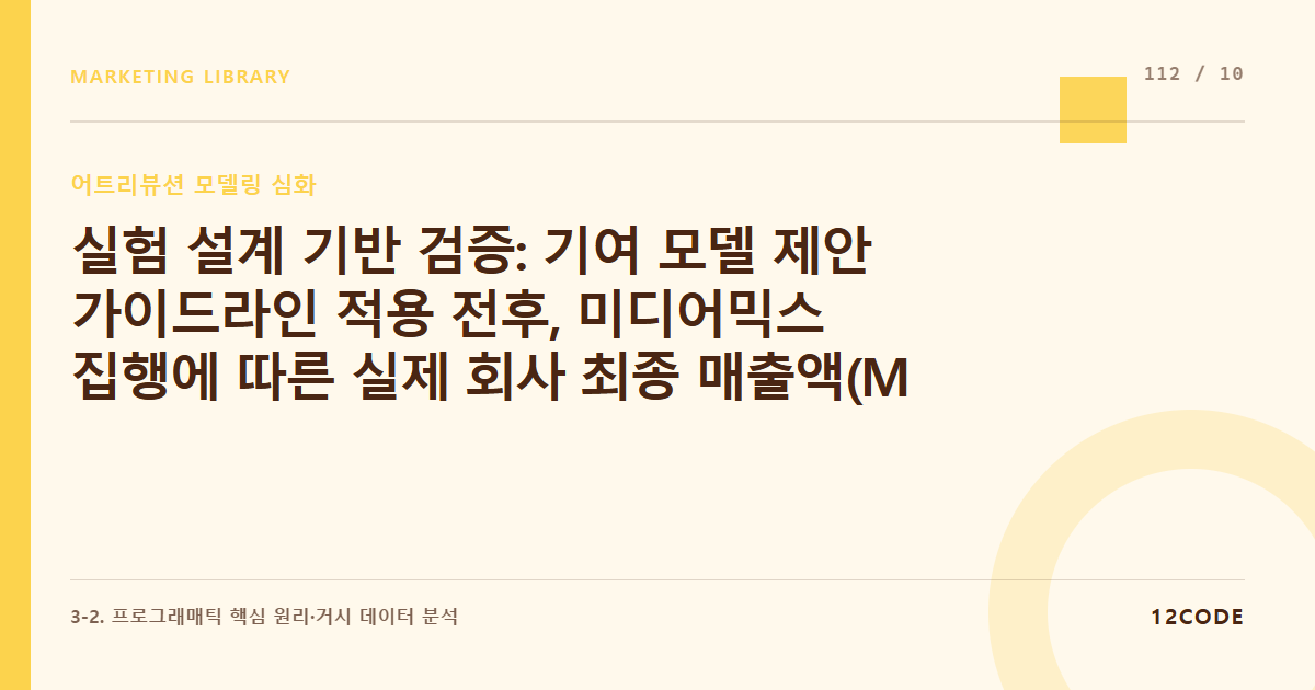 12code 라이브러리 아티클 표지. 실험 설계 기반 검증: 기여 모델 제안 가이드라인 적용 전후, 미디어믹스 집행에 따른 실제 회사 최종 매출액(MER 지표)의 통계적 우상향 검증