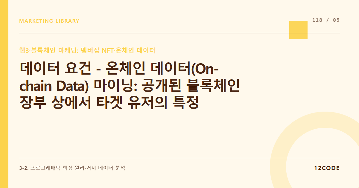12code 라이브러리 아티클 표지. 데이터 요건 - 온체인 데이터(On-chain Data) 마이닝: 공개된 블록체인 장부 상에서 타겟 유저의 특정 토큰 보유 현황, 거래 이력 데이터를 분석하는 테크닉