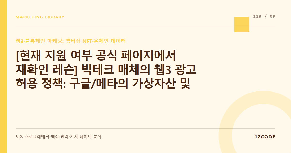 12code 라이브러리 아티클 표지. [현재 지원 여부 공식 페이지에서 재확인 레슨] 빅테크 매체의 웹3 광고 허용 정책: 구글/메타의 가상자산 및 NFT 홍보 광고 집행 가이드라인 및 반려 기준 상시 재점검 규칙