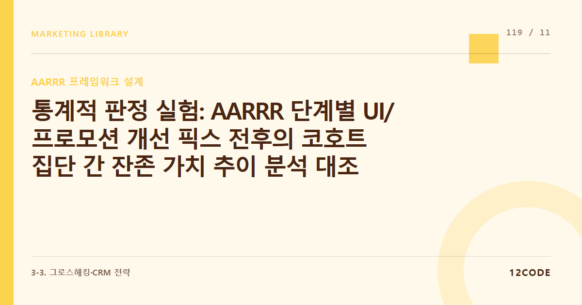 12code 라이브러리 아티클 표지. 통계적 판정 실험: AARRR 단계별 UI/프로모션 개선 픽스 전후의 코호트 집단 간 잔존 가치 추이 분석 대조 실험 설계
