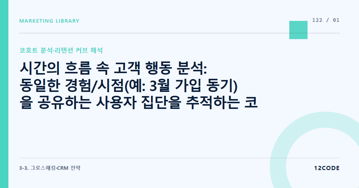 12code 라이브러리 아티클 표지. 시간의 흐름 속 고객 행동 분석: 동일한 경험/시점(예: 3월 가입 동기)을 공유하는 사용자 집단을 추적하는 코호트(Cohort) 분석의 거시적 가치