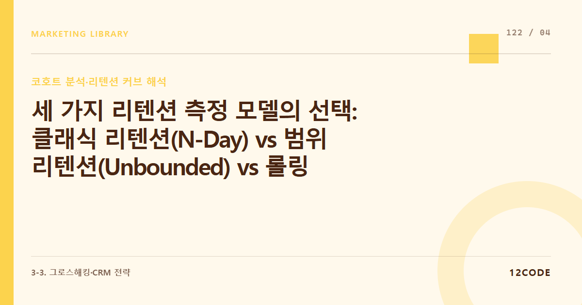 12code 라이브러리 아티클 표지. 세 가지 리텐션 측정 모델의 선택: 클래식 리텐션(N-Day) vs 범위 리텐션(Unbounded) vs 롤링 리텐션의 비즈니스 구매 주기별 매칭 규칙