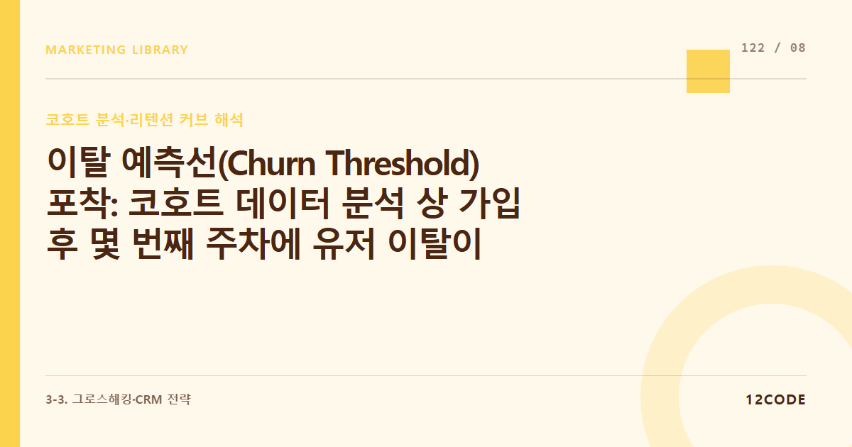 12code 라이브러리 아티클 표지. 이탈 예측선(Churn Threshold) 포착: 코호트 데이터 분석 상 가입 후 몇 번째 주차에 유저 이탈이 가장 가파른지 '마의 구간'을 찾아내어 CRM 방어선 구축