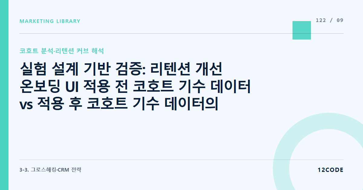 12code 라이브러리 아티클 표지. 실험 설계 기반 검증: 리텐션 개선 온보딩 UI 적용 전 코호트 기수 데이터 vs 적용 후 코호트 기수 데이터의 30일 잔존율 수치 통계적 유의성 검증