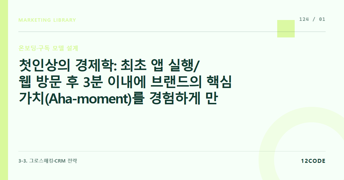12code 라이브러리 아티클 표지. 첫인상의 경제학: 최초 앱 실행/웹 방문 후 3분 이내에 브랜드의 핵심 가치(Aha-moment)를 경험하게 만드는 온보딩 설계