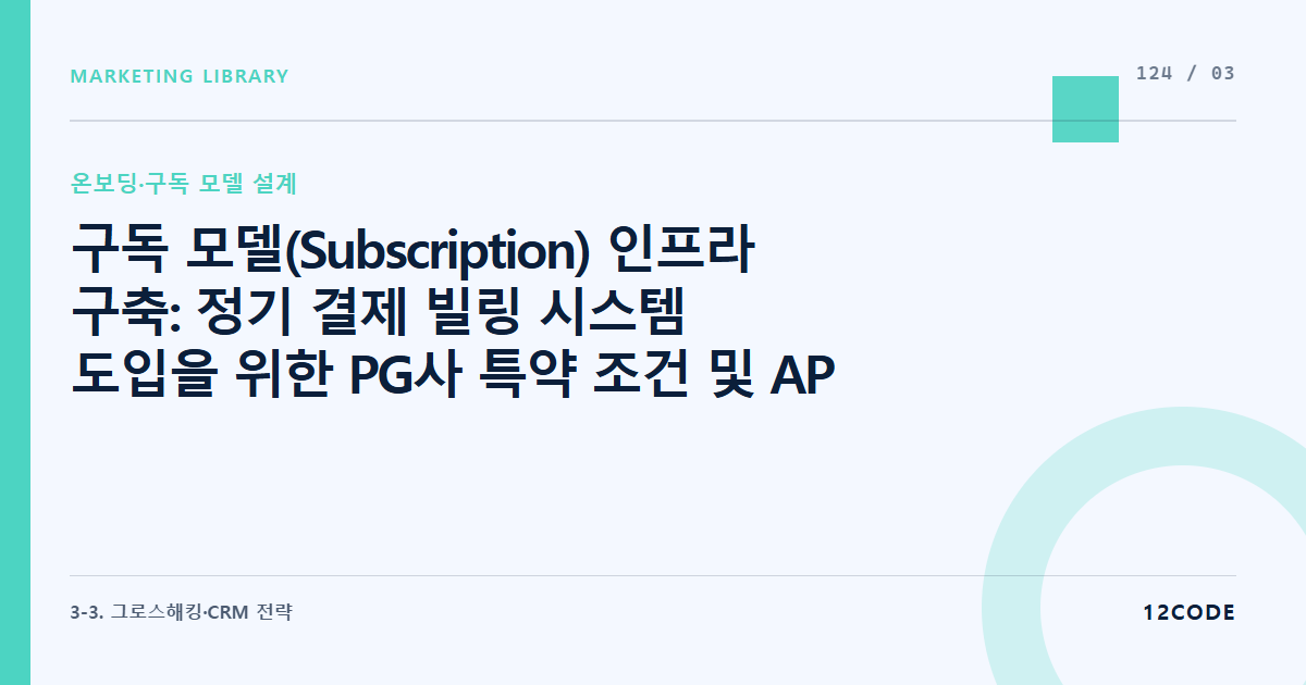 12code 라이브러리 아티클 표지. 구독 모델(Subscription) 인프라 구축: 정기 결제 빌링 시스템 도입을 위한 PG사 특약 조건 및 API 연동 데이터 요건
