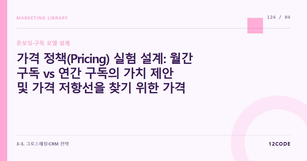 12code 라이브러리 아티클 표지. 가격 정책(Pricing) 실험 설계: 월간 구독 vs 연간 구독의 가치 제안 및 가격 저항선을 찾기 위한 가격 정책 A/B 테스트 룰
