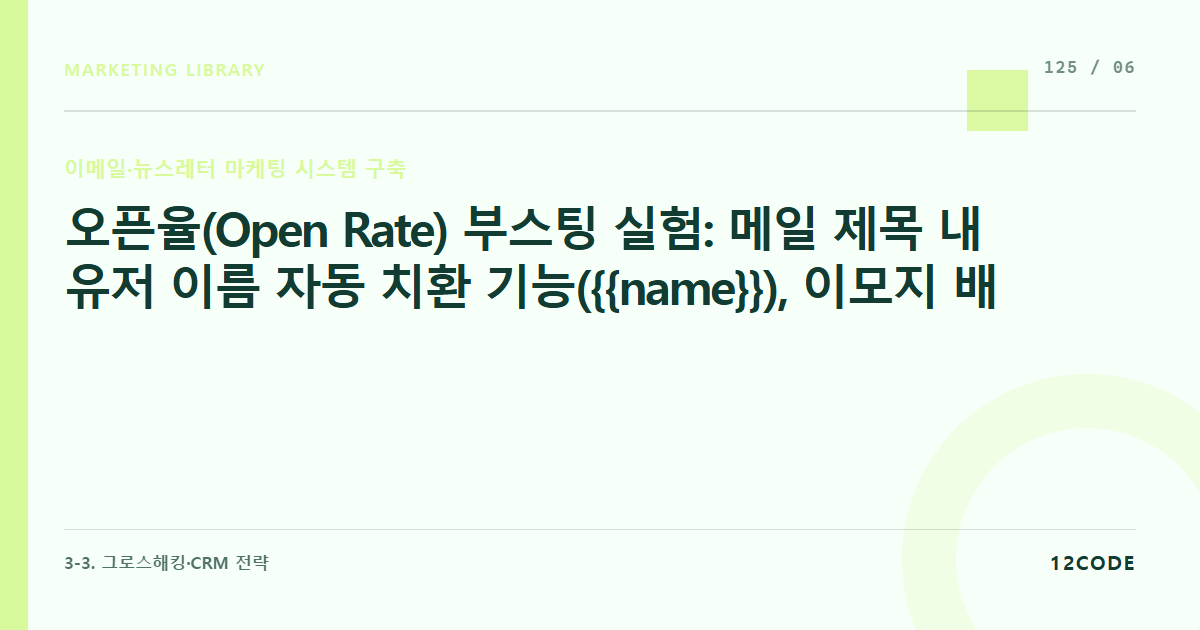 12code 라이브러리 아티클 표지. 오픈율(Open Rate) 부스팅 실험: 메일 제목 내 유저 이름 자동 치환 기능({{name}}), 이모지 배치, 제목 길이별 A/B 테스트