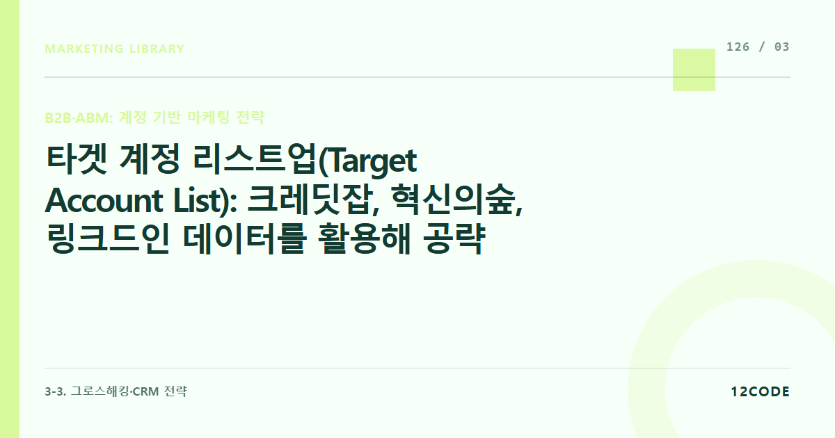 12code 라이브러리 아티클 표지. 타겟 계정 리스트업(Target Account List): 크레딧잡, 혁신의숲, 링크드인 데이터를 활용해 공략 대기업/스타트업 100개사 선정