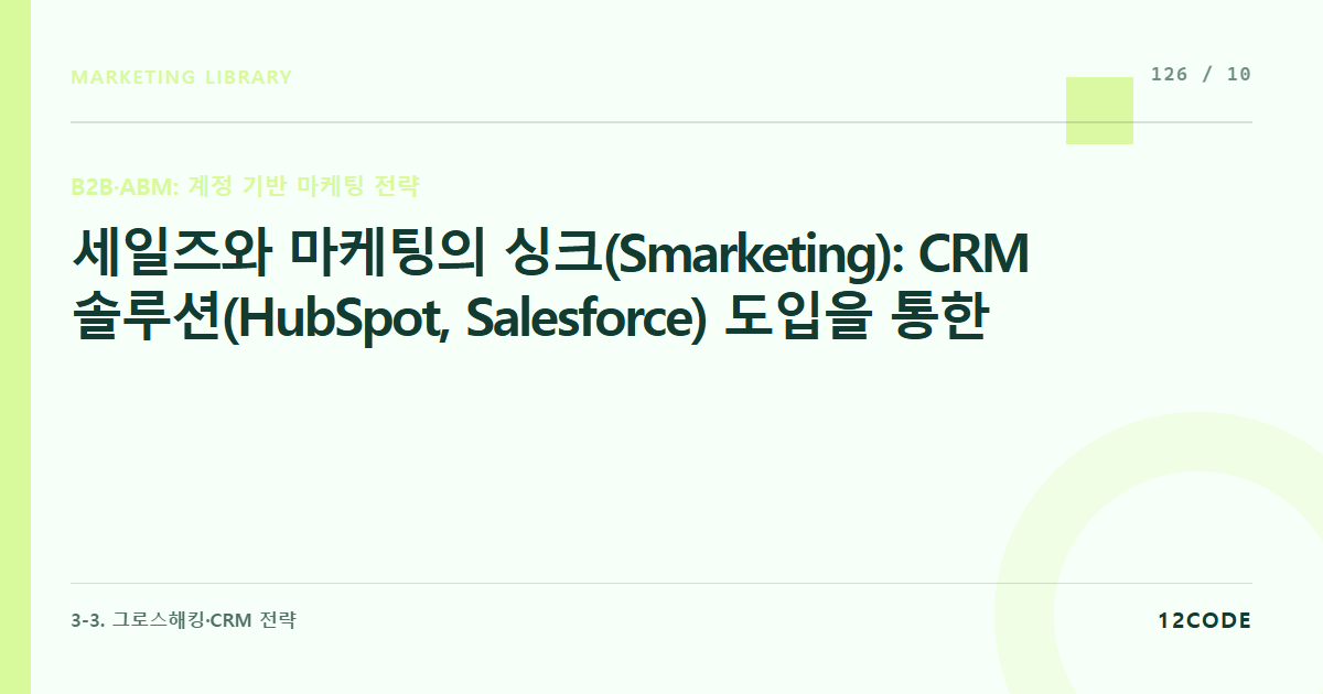 12code 라이브러리 아티클 표지. 세일즈와 마케팅의 싱크(Smarketing): CRM 솔루션(HubSpot, Salesforce) 도입을 통한 마케팅 유입 리드의 영업 파이프라인 연동 규칙