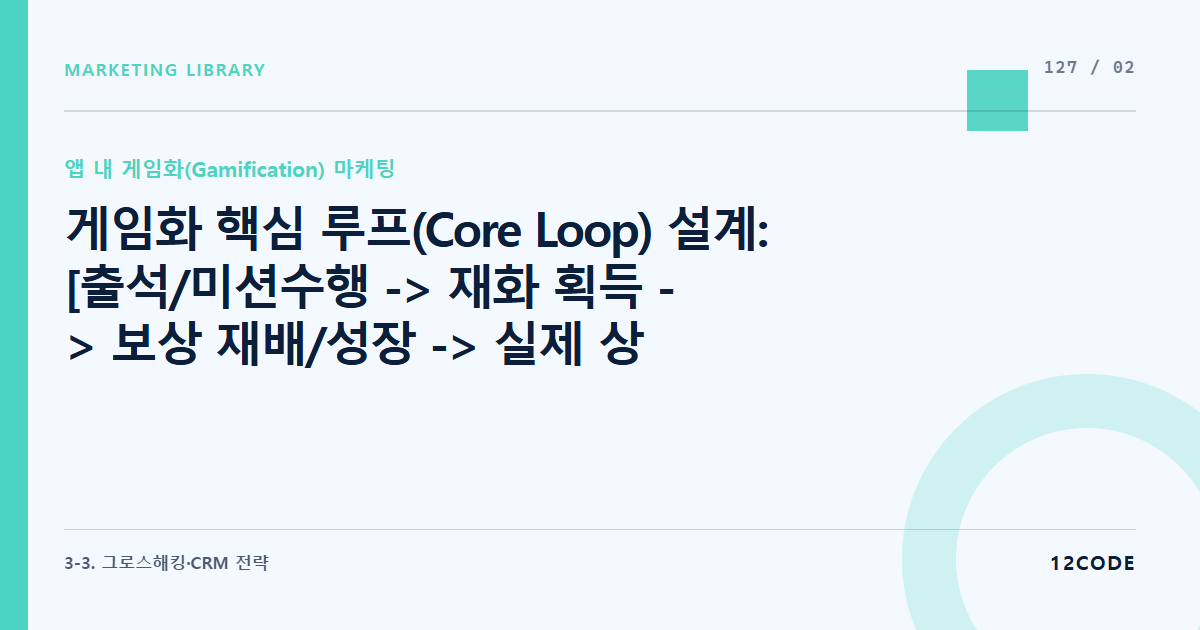 12code 라이브러리 아티클 표지. 게임화 핵심 루프(Core Loop) 설계: [출석/미션수행 -> 재화 획득 -> 보상 재배/성장 -> 실제 상품 배송] 구조의 마케팅 뼈대 짜기