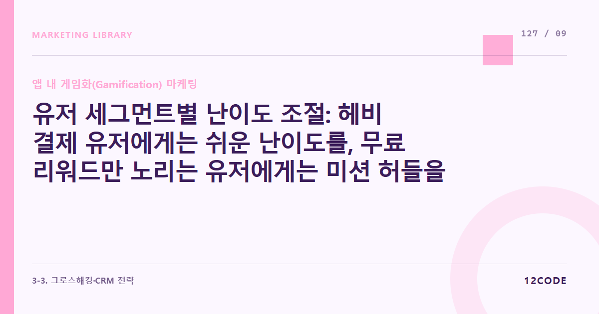 12code 라이브러리 아티클 표지. 유저 세그먼트별 난이도 조절: 헤비 결제 유저에게는 쉬운 난이도를, 무료 리워드만 노리는 유저에게는 미션 허들을 높이는 알고리즘 기초