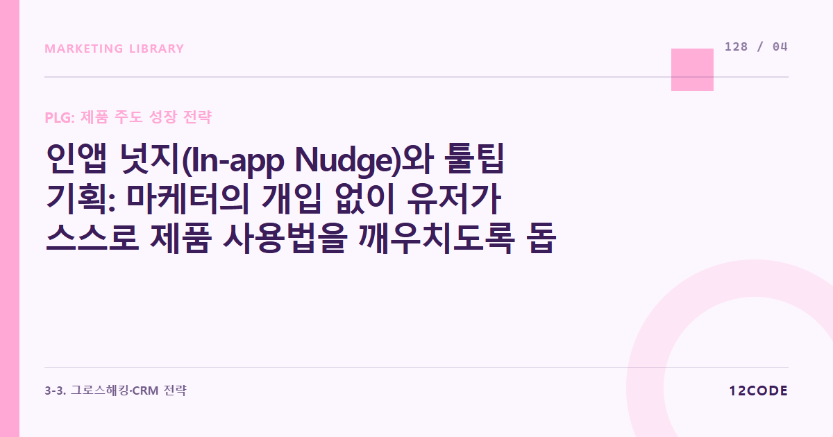 12code 라이브러리 아티클 표지. 인앱 넛지(In-app Nudge)와 툴팁 기획: 마케터의 개입 없이 유저가 스스로 제품 사용법을 깨우치도록 돕는 인터랙티브 온보딩 가이드