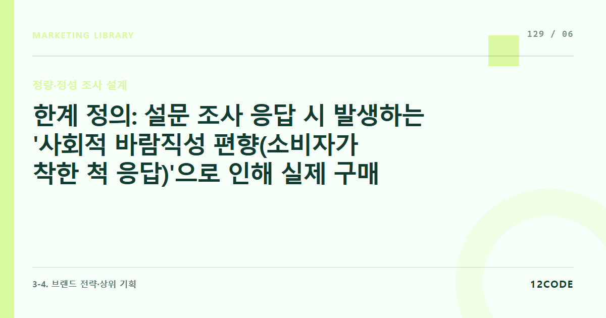 12code 라이브러리 아티클 표지. 한계 정의: 설문 조사 응답 시 발생하는 '사회적 바람직성 편향(소비자가 착한 척 응답)'으로 인해 실제 구매 행동 데이터와 불일치하는 현상