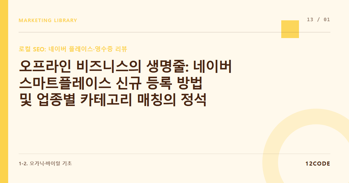 12code 라이브러리 아티클 표지. 오프라인 비즈니스의 생명줄: 네이버 스마트플레이스 신규 등록 방법 및 업종별 카테고리 매칭의 정석