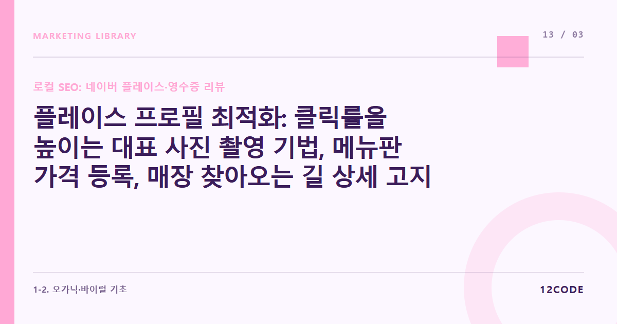12code 라이브러리 아티클 표지. 플레이스 프로필 최적화: 클릭률을 높이는 대표 사진 촬영 기법, 메뉴판 가격 등록, 매장 찾아오는 길 상세 고지