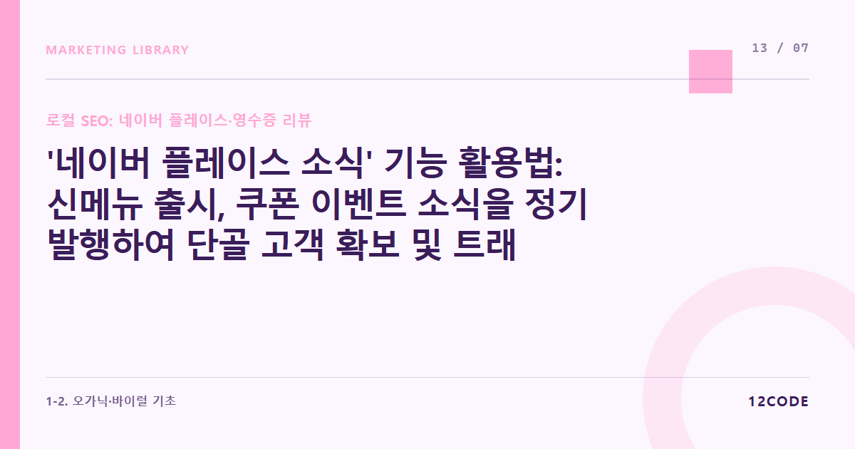 12code 라이브러리 아티클 표지. '네이버 플레이스 소식' 기능 활용법: 신메뉴 출시, 쿠폰 이벤트 소식을 정기 발행하여 단골 고객 확보 및 트래픽 점수 획득
