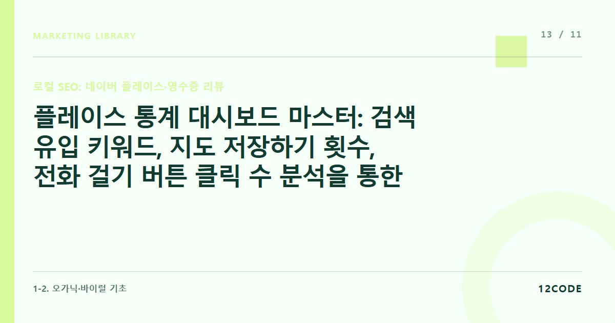 12code 라이브러리 아티클 표지. 플레이스 통계 대시보드 마스터: 검색 유입 키워드, 지도 저장하기 횟수, 전화 걸기 버튼 클릭 수 분석을 통한 매장 피드백