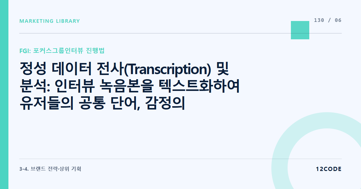 12code 라이브러리 아티클 표지. 정성 데이터 전사(Transcription) 및 분석: 인터뷰 녹음본을 텍스트화하여 유저들의 공통 단어, 감정의 변화 지점을 분석 카테고리로 분류하는 법