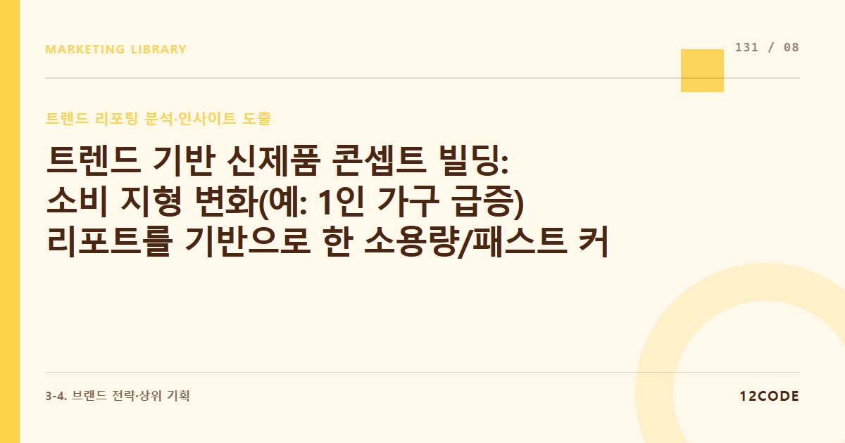12code 라이브러리 아티클 표지. 트렌드 기반 신제품 콘셉트 빌딩: 소비 지형 변화(예: 1인 가구 급증) 리포트를 기반으로 한 소용량/패스트 커머스 브랜드 기획서 짜기