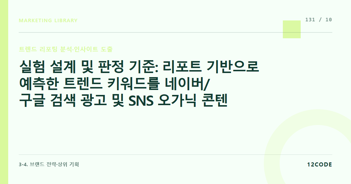 12code 라이브러리 아티클 표지. 실험 설계 및 판정 기준: 리포트 기반으로 예측한 트렌드 키워드를 네이버/구글 검색 광고 및 SNS 오가닉 콘텐츠에 선반영해 검색량 선점 여부 검증