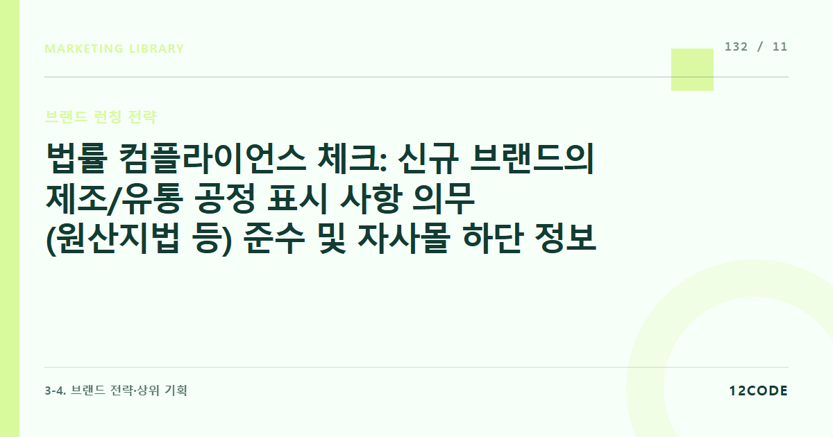 12code 라이브러리 아티클 표지. 법률 컴플라이언스 체크: 신규 브랜드의 제조/유통 공정 표시 사항 의무(원산지법 등) 준수 및 자사몰 하단 정보 고지 법적 검수