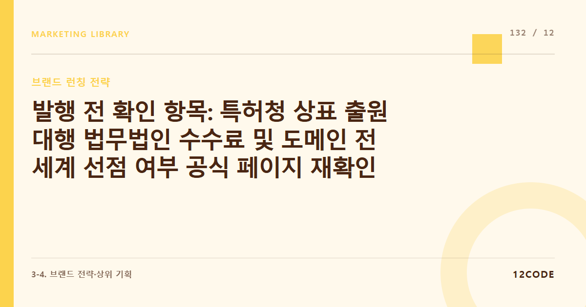 12code 라이브러리 아티클 표지. 발행 전 확인 항목: 특허청 상표 출원 대행 법무법인 수수료 및 도메인 전 세계 선점 여부 공식 페이지 재확인