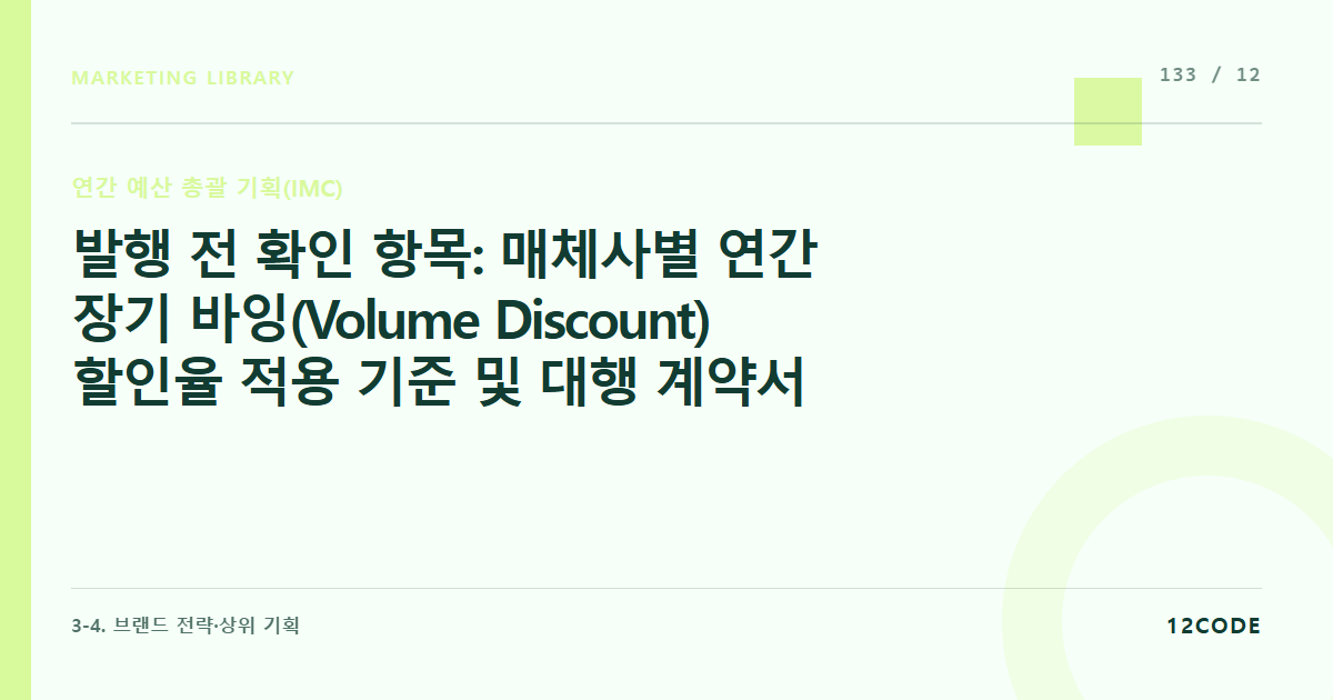 12code 라이브러리 아티클 표지. 발행 전 확인 항목: 매체사별 연간 장기 바잉(Volume Discount) 할인율 적용 기준 및 대행 계약서 내 중도 예산 감액 처벌 조항 확인