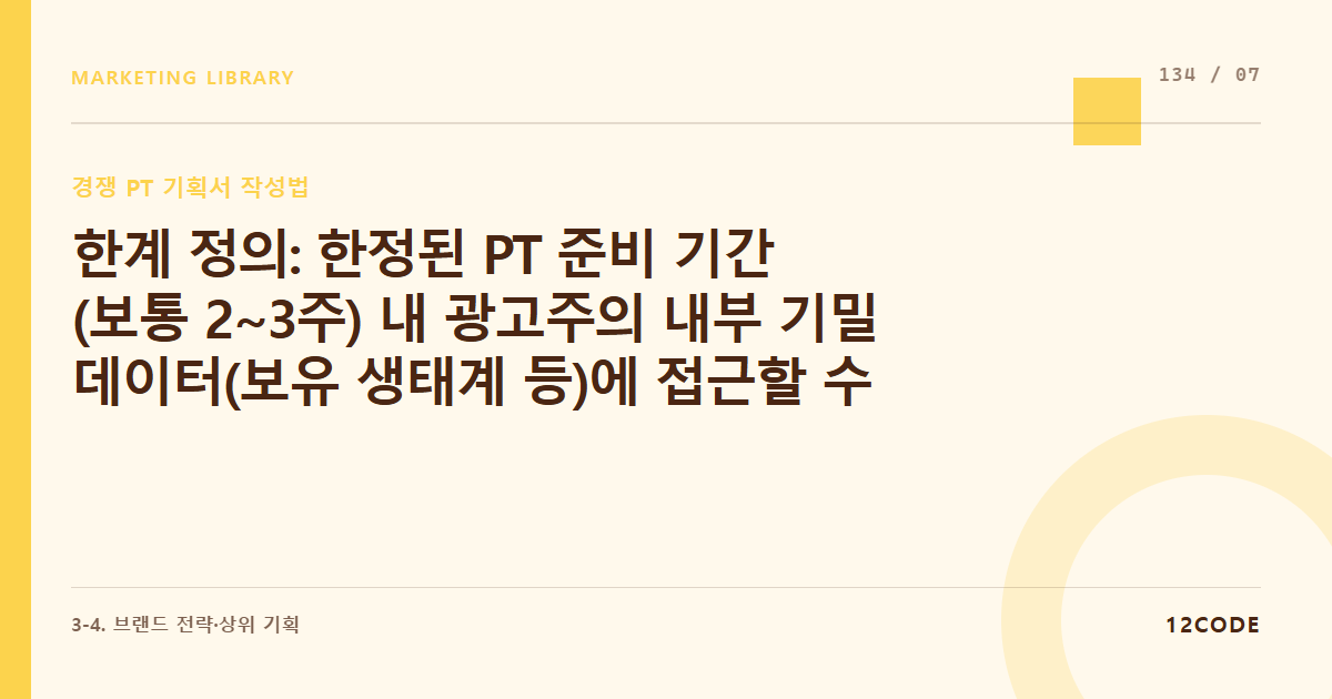 12code 라이브러리 아티클 표지. 한계 정의: 한정된 PT 준비 기간(보통 2~3주) 내 광고주의 내부 기밀 데이터(보유 생태계 등)에 접근할 수 없어 발생하는 외부 분석의 한계