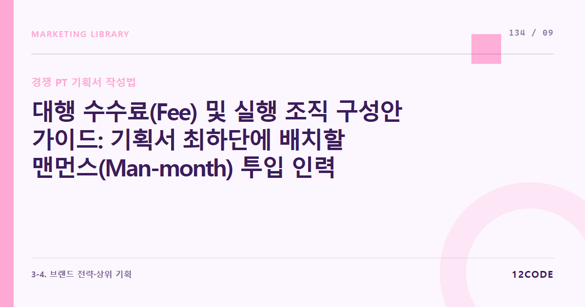 12code 라이브러리 아티클 표지. 대행 수수료(Fee) 및 실행 조직 구성안 가이드: 기획서 최하단에 배치할 맨먼스(Man-month) 투입 인력 프로필 및 프로젝트 대행 요율 제안 요령