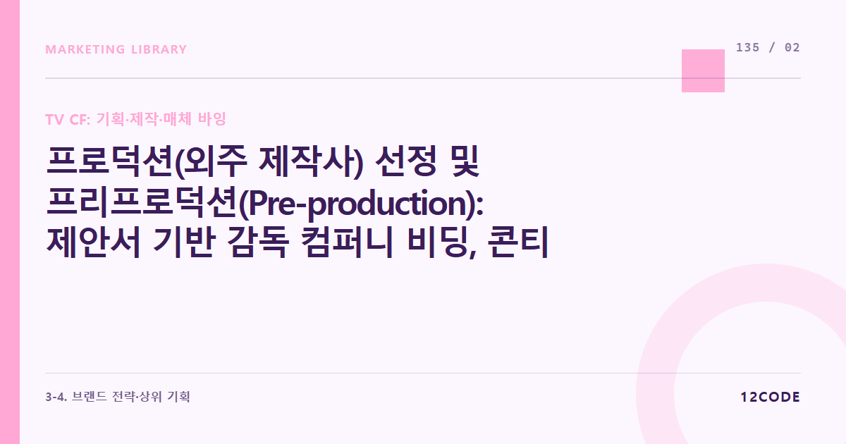12code 라이브러리 아티클 표지. 프로덕션(외주 제작사) 선정 및 프리프로덕션(Pre-production): 제안서 기반 감독 컴퍼니 비딩, 콘티 라이팅 및 모델/장소 섭외 절차