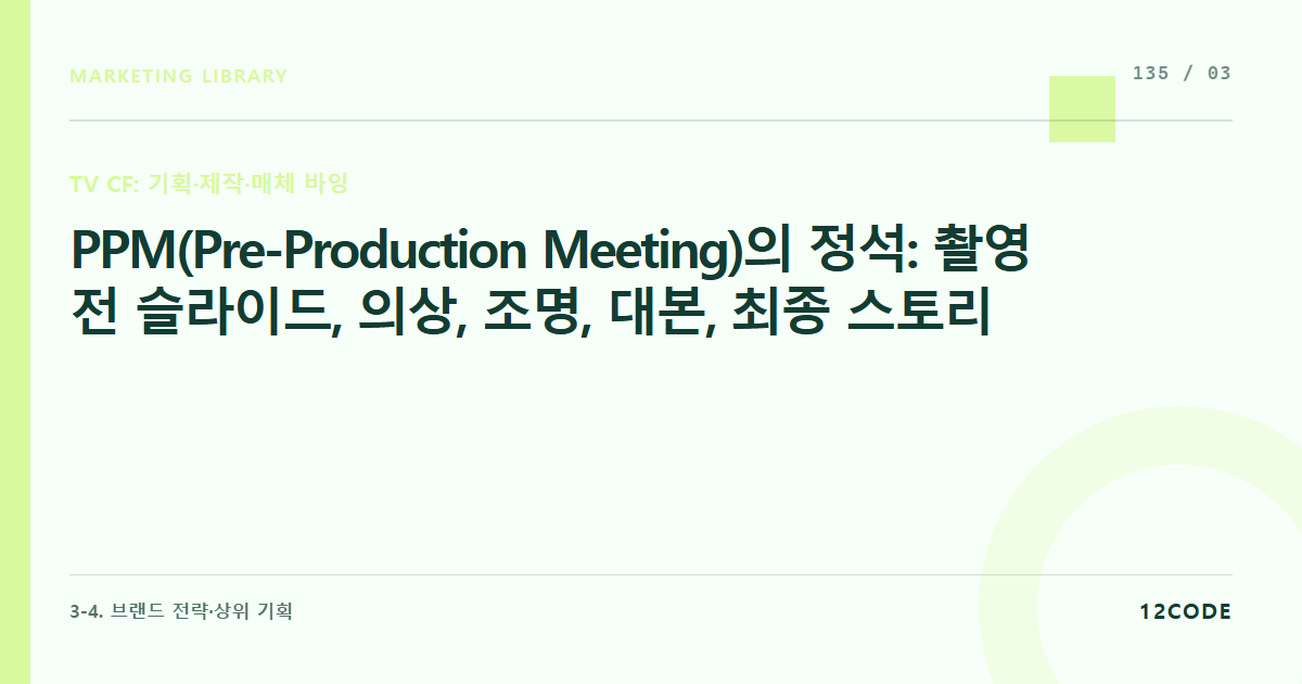 12code 라이브러리 아티클 표지. PPM(Pre-Production Meeting)의 정석: 촬영 전 슬라이드, 의상, 조명, 대본, 최종 스토리보드를 광고주와 감독이 최종 컨펌하는 마지노선 회의