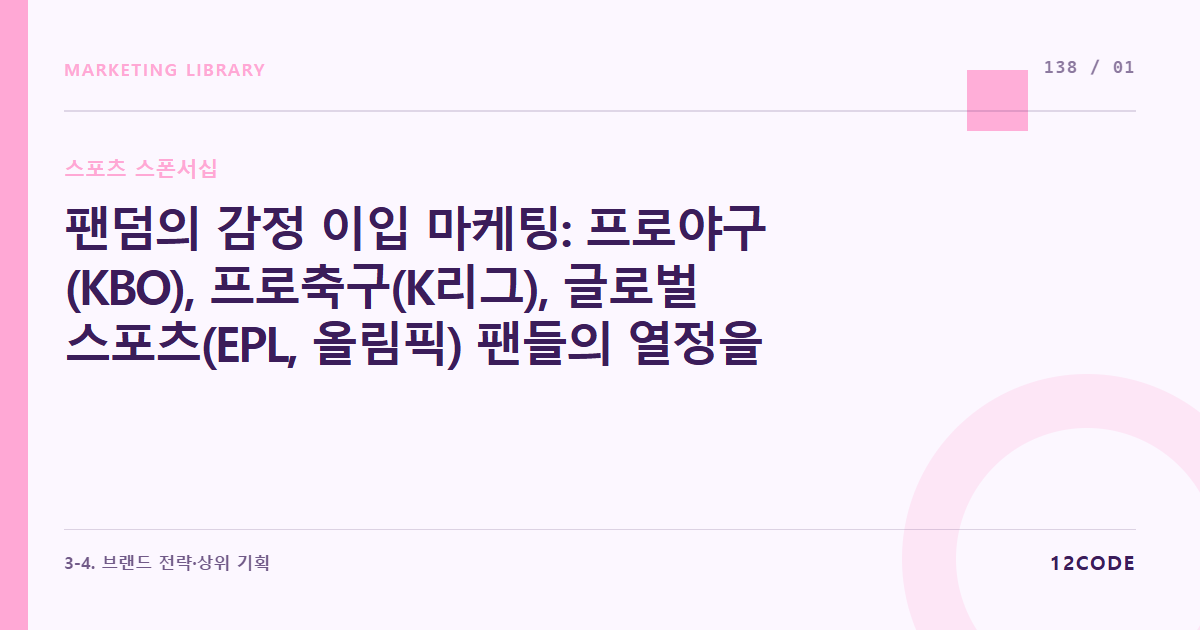 12code 라이브러리 아티클 표지. 팬덤의 감정 이입 마케팅: 프로야구(KBO), 프로축구(K리그), 글로벌 스포츠(EPL, 올림픽) 팬들의 열정을 브랜드 호감도로 전이시키는 스폰서십의 본질