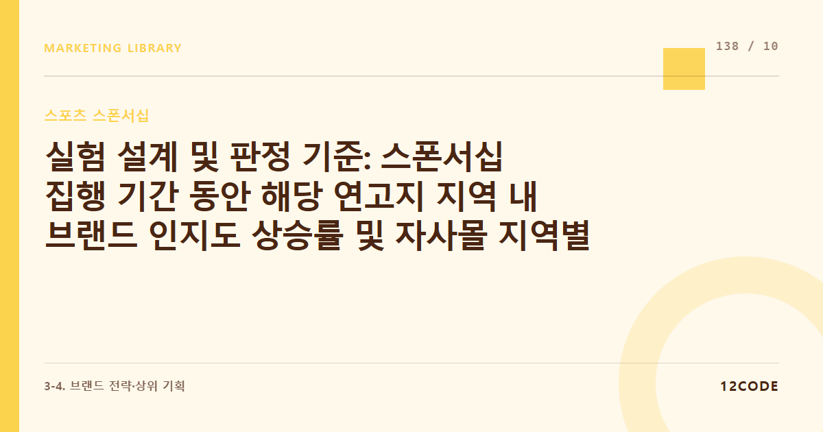 12code 라이브러리 아티클 표지. 실험 설계 및 판정 기준: 스폰서십 집행 기간 동안 해당 연고지 지역 내 브랜드 인지도 상승률 및 자사몰 지역별 매출 스파이크 데이터 대조 분석