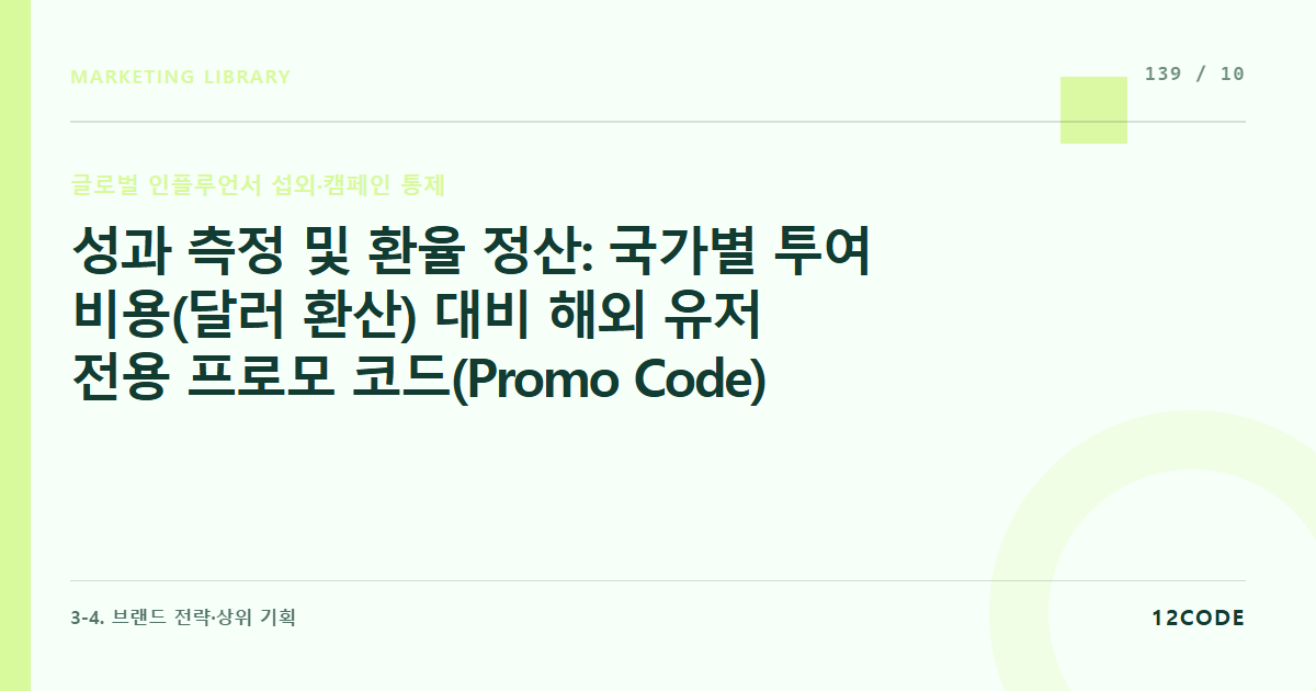 12code 라이브러리 아티클 표지. 성과 측정 및 환율 정산: 국가별 투여 비용(달러 환산) 대비 해외 유저 전용 프로모 코드(Promo Code)별 매출 전환 효율 및 CAC 최종 정산 리포트