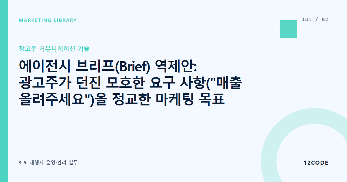 12code 라이브러리 아티클 표지. 에이전시 브리프(Brief) 역제안: 광고주가 던진 모호한 요구 사항("매출 올려주세요")을 정교한 마케팅 목표(지표, 예산, 타겟)로 재정리해 컨컨펌받는 기술