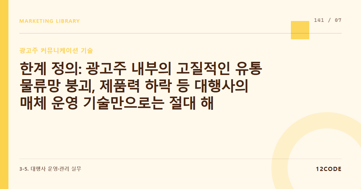 12code 라이브러리 아티클 표지. 한계 정의: 광고주 내부의 고질적인 유통 물류망 붕괴, 제품력 하락 등 대행사의 매체 운영 기술만으로는 절대 해결 불가능한 비즈니스 근본 한계선 설정