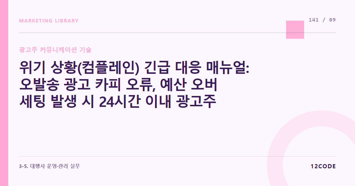 12code 라이브러리 아티클 표지. 위기 상황(컴플레인) 긴급 대응 매뉴얼: 오발송 광고 카피 오류, 예산 오버 세팅 발생 시 24시간 이내 광고주 상달 및 보상안 조율 프로세스