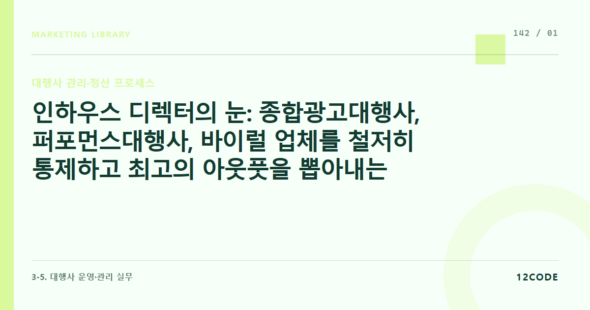 12code 라이브러리 아티클 표지. 인하우스 디렉터의 눈: 종합광고대행사, 퍼포먼스대행사, 바이럴 업체를 철저히 통제하고 최고의 아웃풋을 뽑아내는 에이전시 관리(SLA)의 핵심