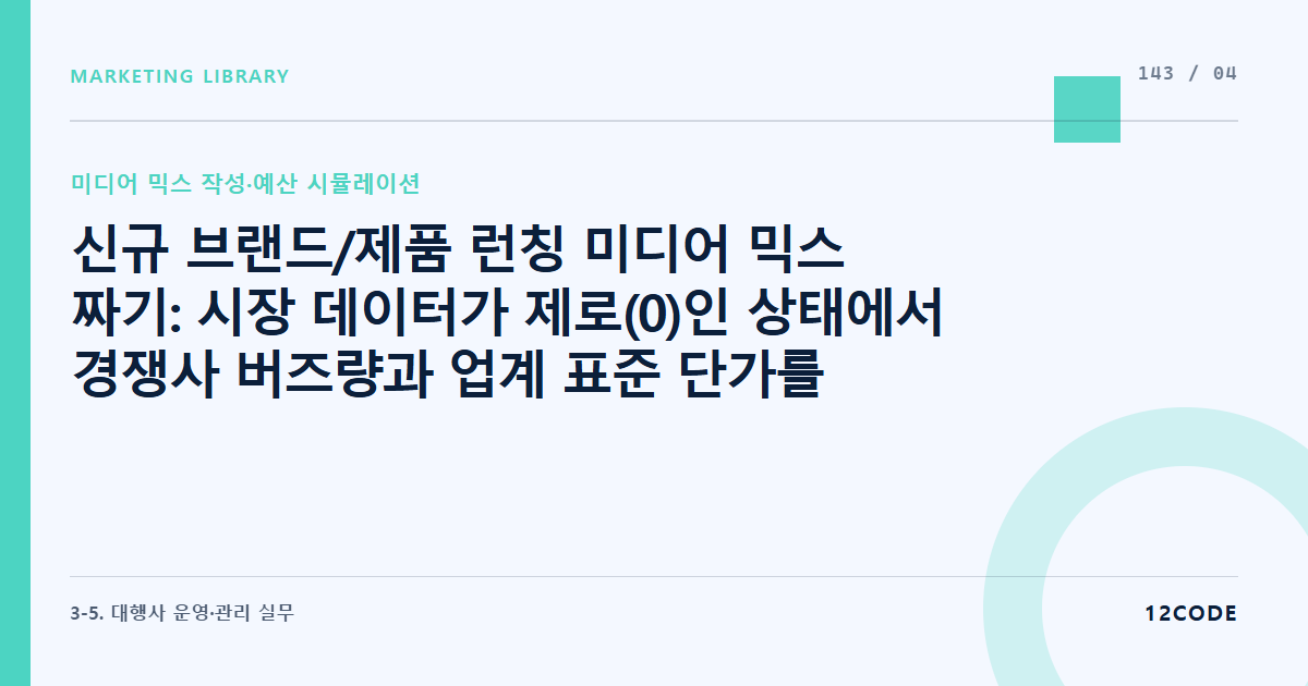 12code 라이브러리 아티클 표지. 신규 브랜드/제품 런칭 미디어 믹스 짜기: 시장 데이터가 제로(0)인 상태에서 경쟁사 버즈량과 업계 표준 단가를 역추적해 첫 매체 예산비 배분하는 룰