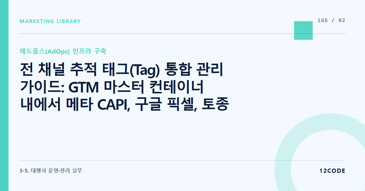 12code 라이브러리 아티클 표지. 전 채널 추적 태그(Tag) 통합 관리 가이드: GTM 마스터 컨테이너 내에서 메타 CAPI, 구글 픽셀, 토종 애드네트워크 스크립트 간의 충돌 없는 로딩 우선순위 세팅