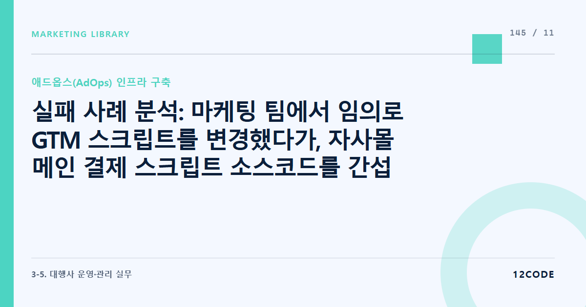12code 라이브러리 아티클 표지. 실패 사례 분석: 마케팅 팀에서 임의로 GTM 스크립트를 변경했다가, 자사몰 메인 결제 스크립트 소스코드를 간섭하여 반나절 동안 자사몰 전체 결제가 먹통이 된 대형 사고 분석