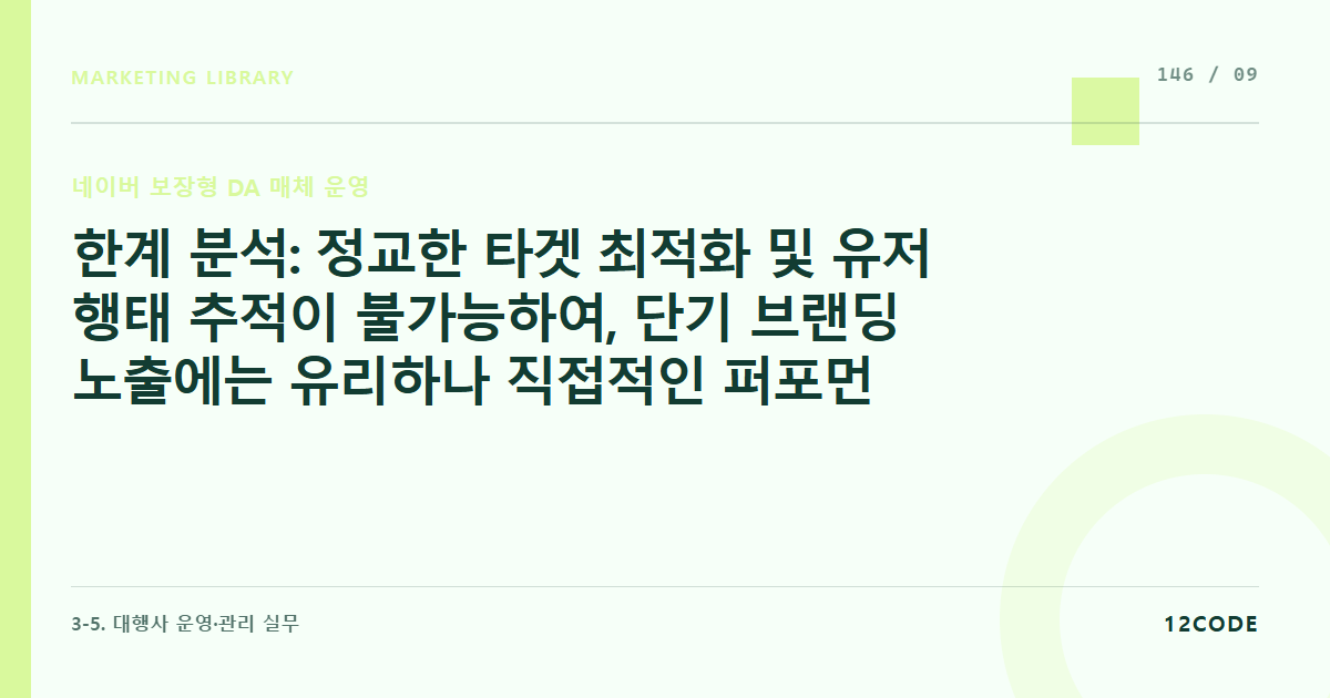 12code 라이브러리 아티클 표지. 한계 분석: 정교한 타겟 최적화 및 유저 행태 추적이 불가능하여, 단기 브랜딩 노출에는 유리하나 직접적인 퍼포먼스 결제 ROAS 산출에는 부적합한 구조적 한계