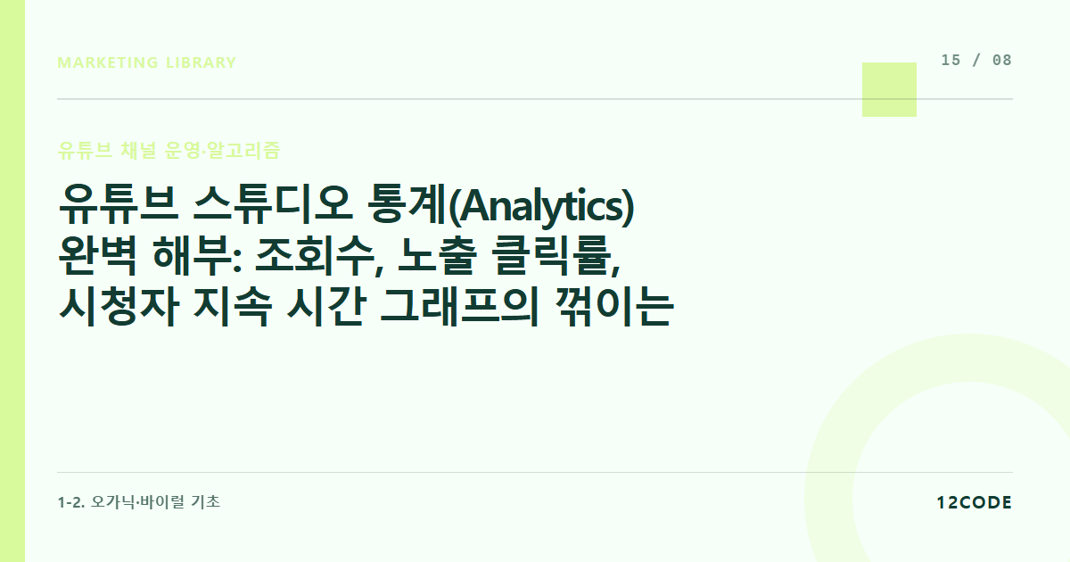 12code 라이브러리 아티클 표지. 유튜브 스튜디오 통계(Analytics) 완벽 해부: 조회수, 노출 클릭률, 시청자 지속 시간 그래프의 꺾이는 지점 해석법